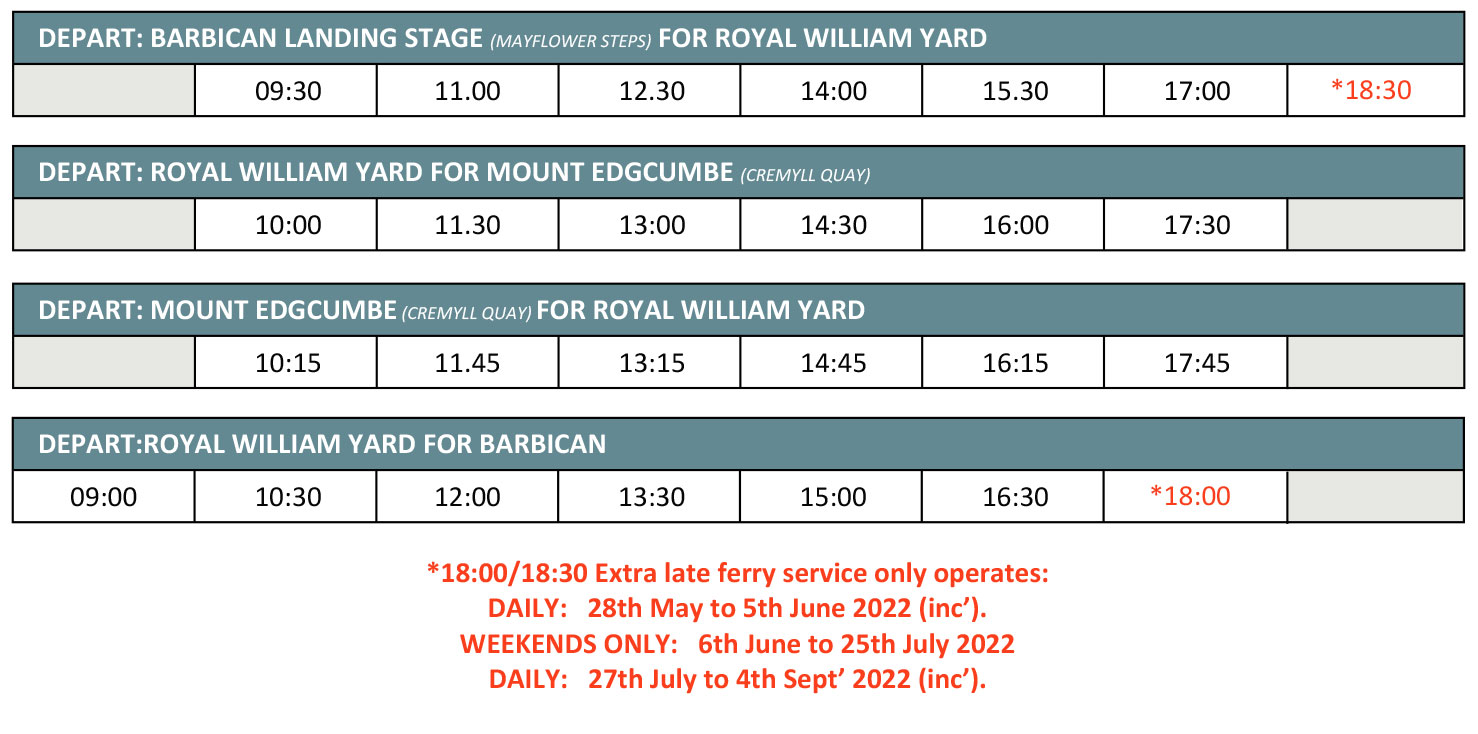 The Barbican, Royal William Yard & Mount Edgcumbe Ferry Timetable