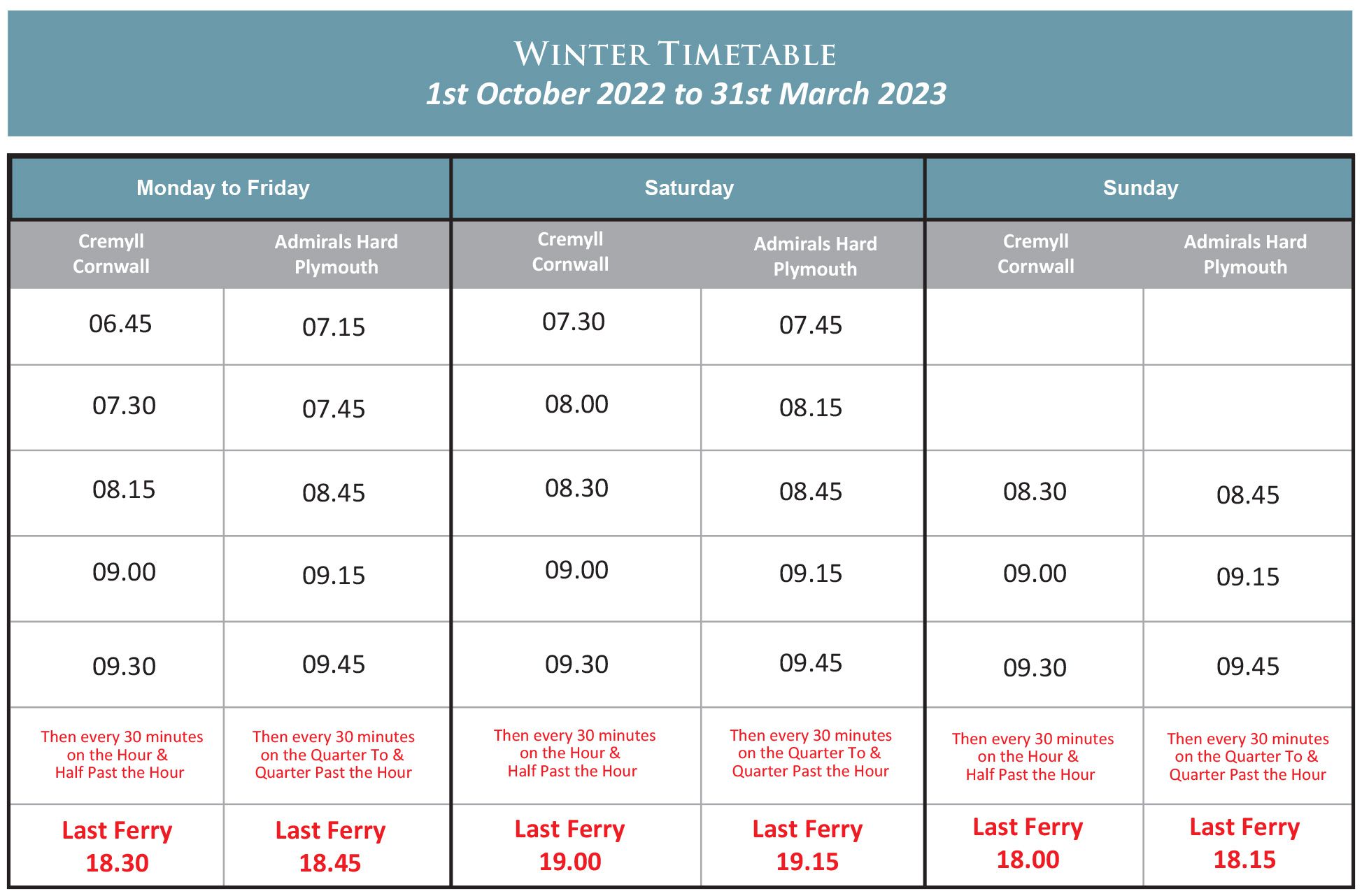 Cremyll Ferry Winter 2022 Timetable
