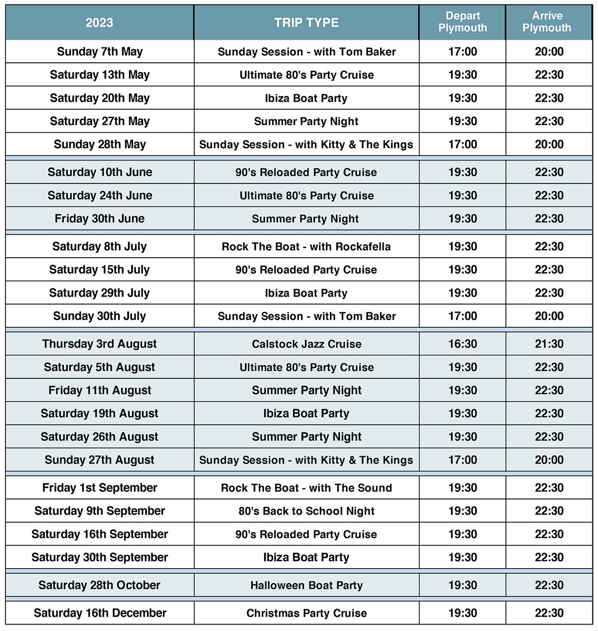 Themed Adult Events & Party Cruise Timetable 2023
