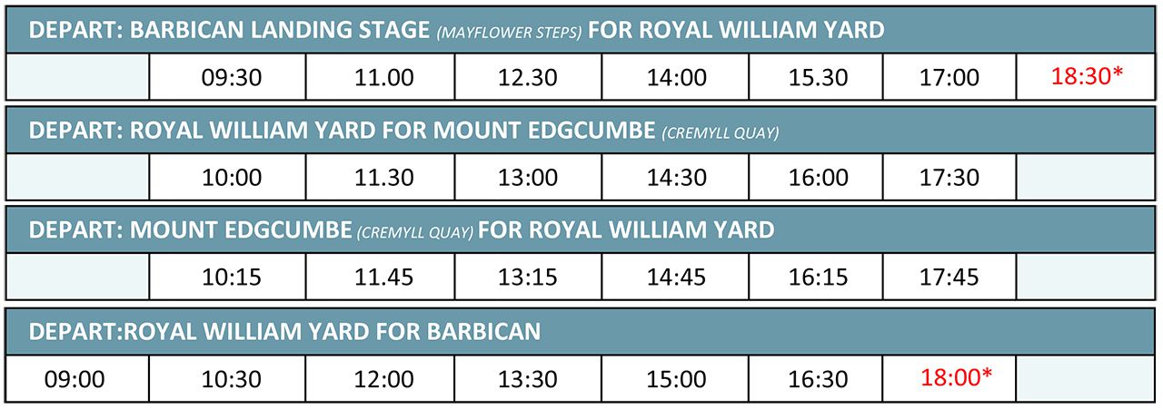 The Barbican, Royal William Yard & Mount Edgcumbe Ferry Timetable 2023