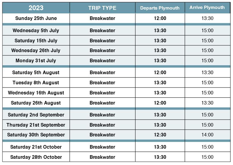 Breakwater Cruise Timetable 2023