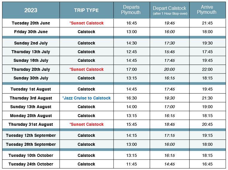 Calstock Cruise Timetable 2023