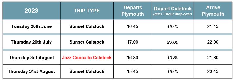 Sunset Calstock Cruise Timetable 2023