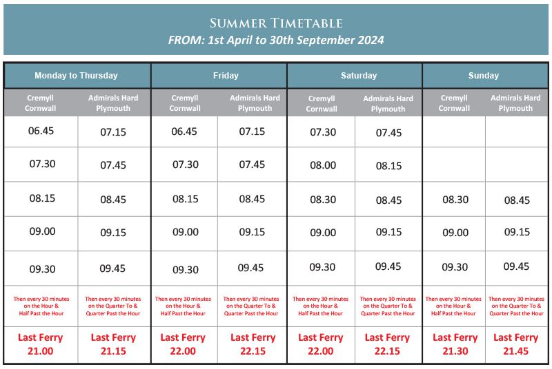 Cremyll Ferry Summer 2024 Timetable