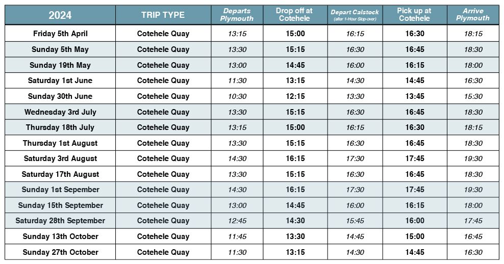 Cotehele Quay Cruise Timetable 2024