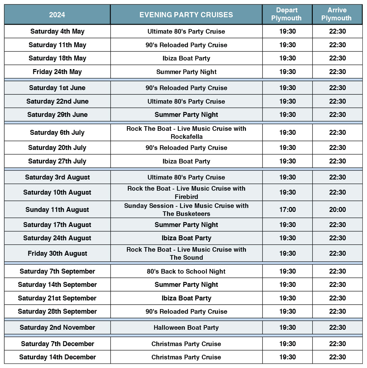 Adult Events & Party Cruises Timetable 2024