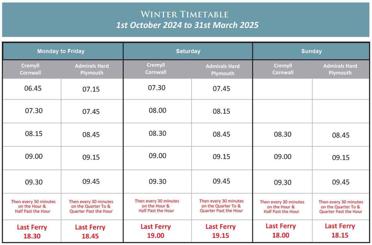 Cremyll Ferry Winter 2024 Timetable