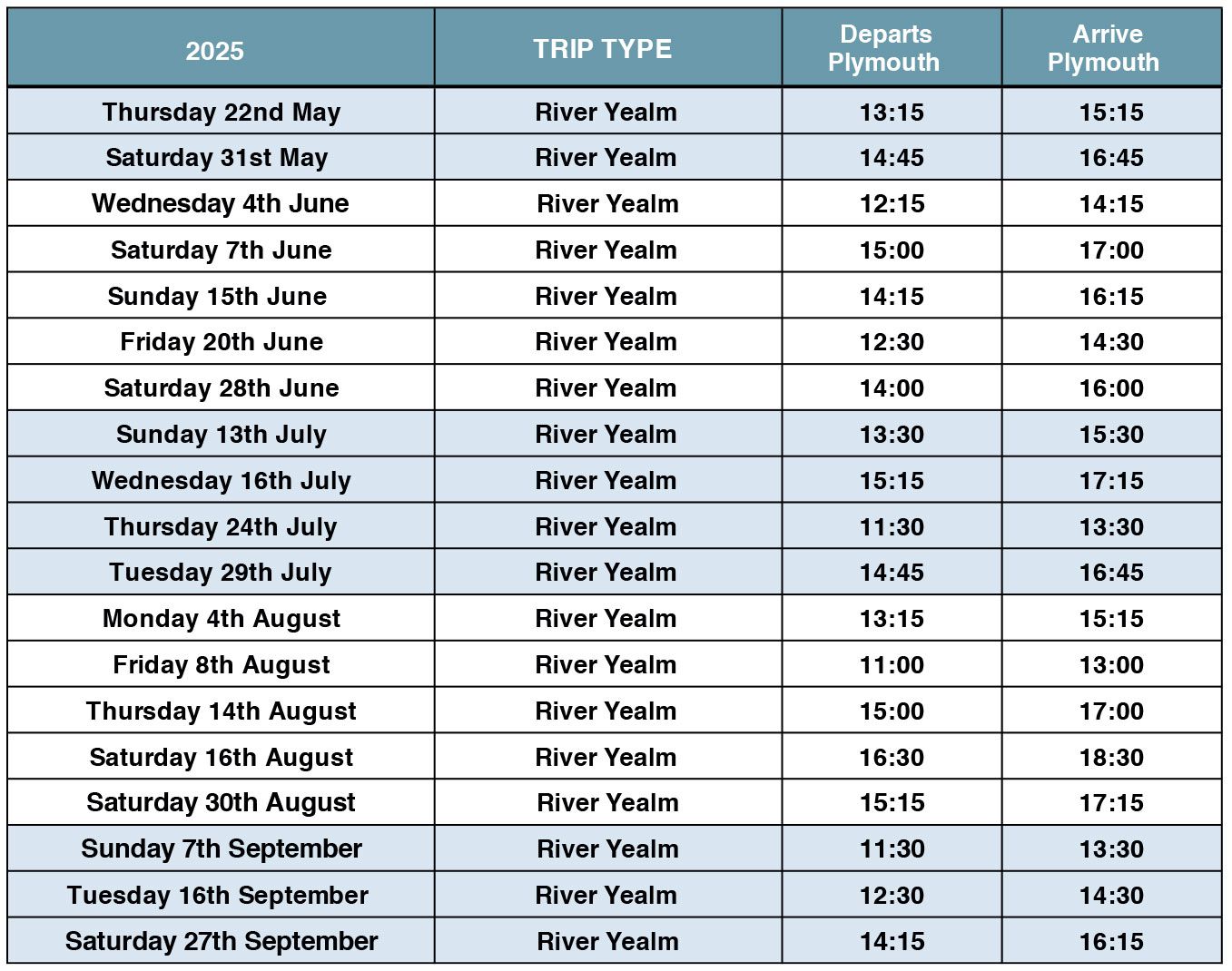 River Yealm Cruise Timetable