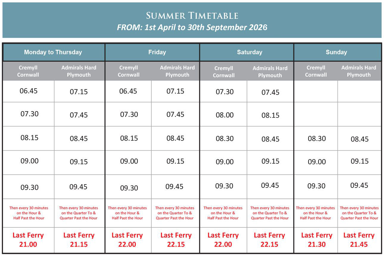 Cremyll Ferry Summer 2026 Timetable