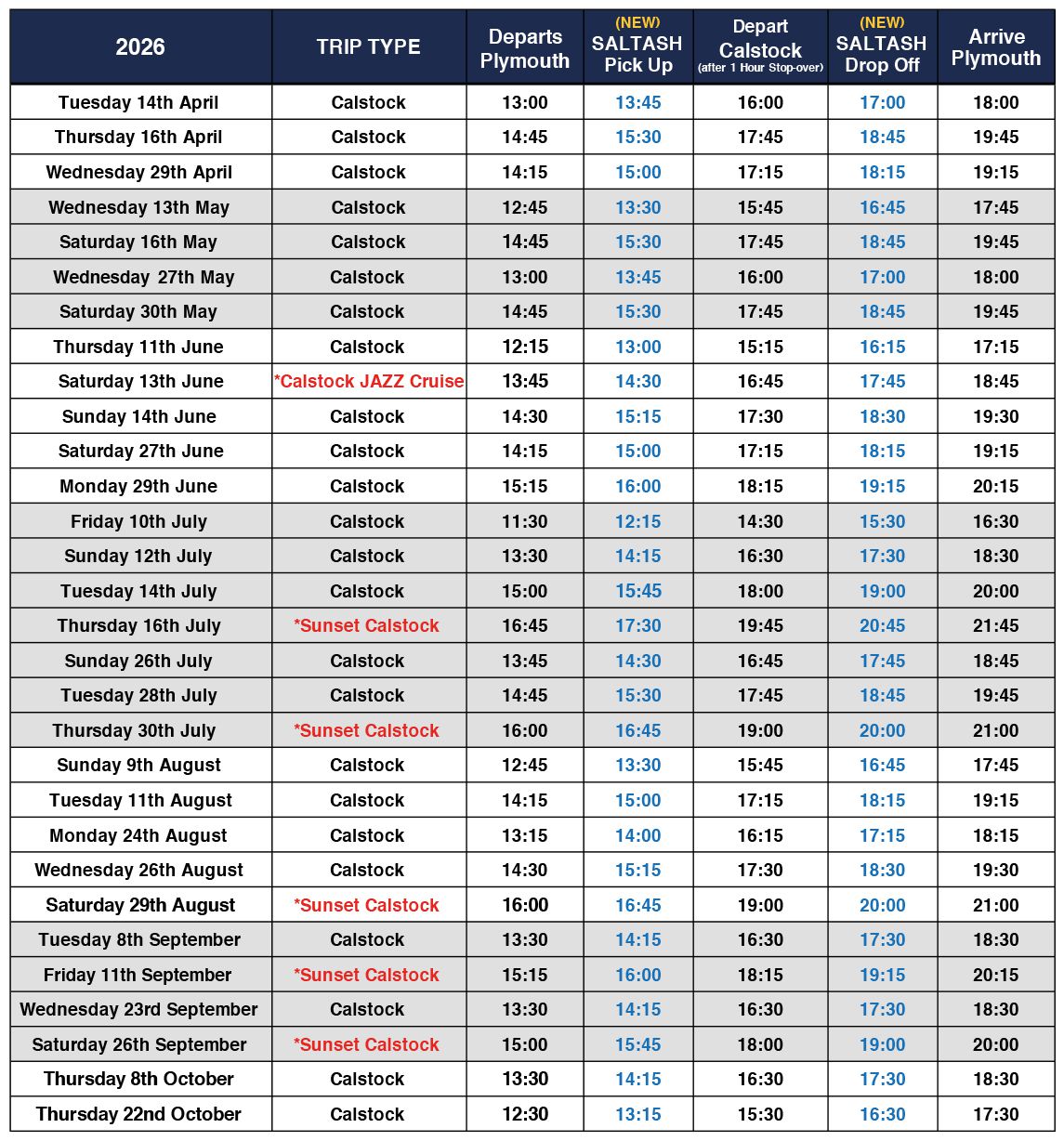 Calstock Cruise Timetable