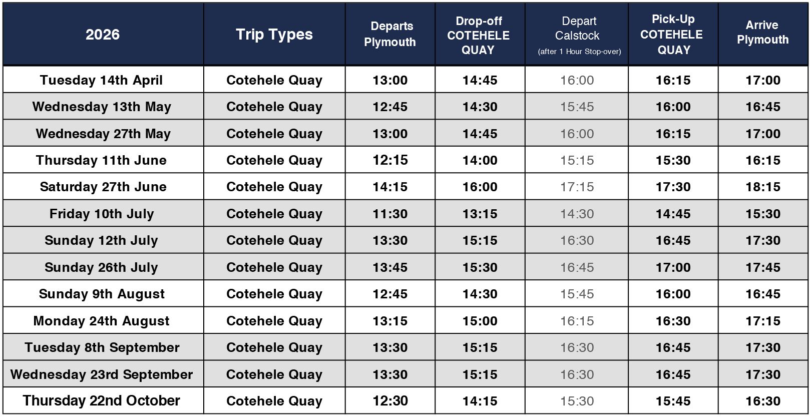 Cotehele Quay Timetable