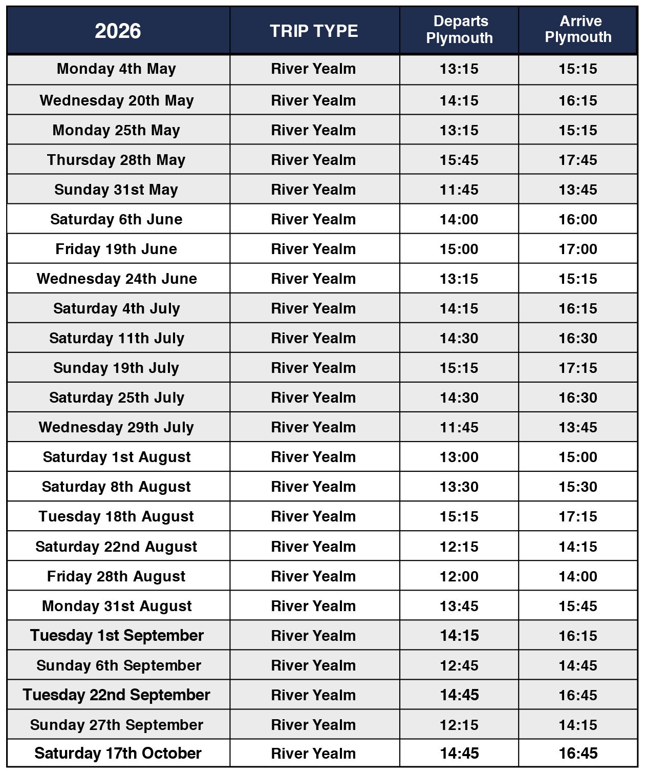 River Yealm Cruise Timetable