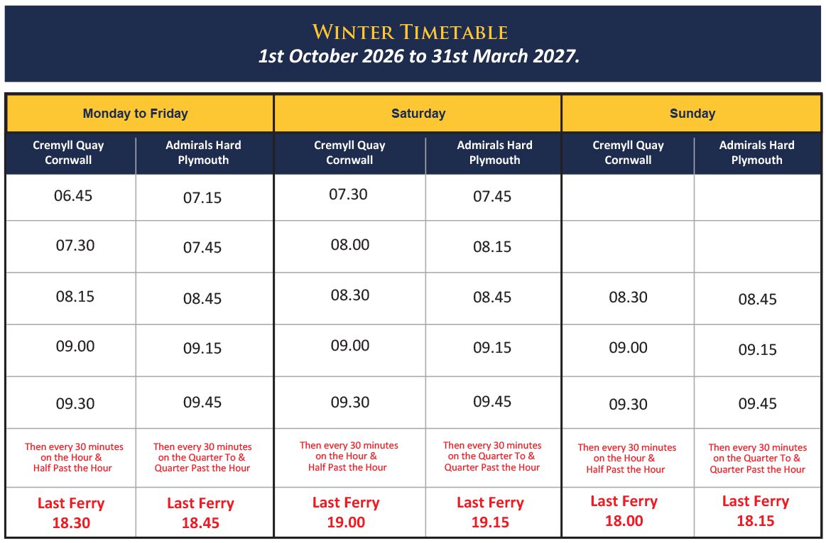 Cremyll Ferry Winter 2026 Timetable